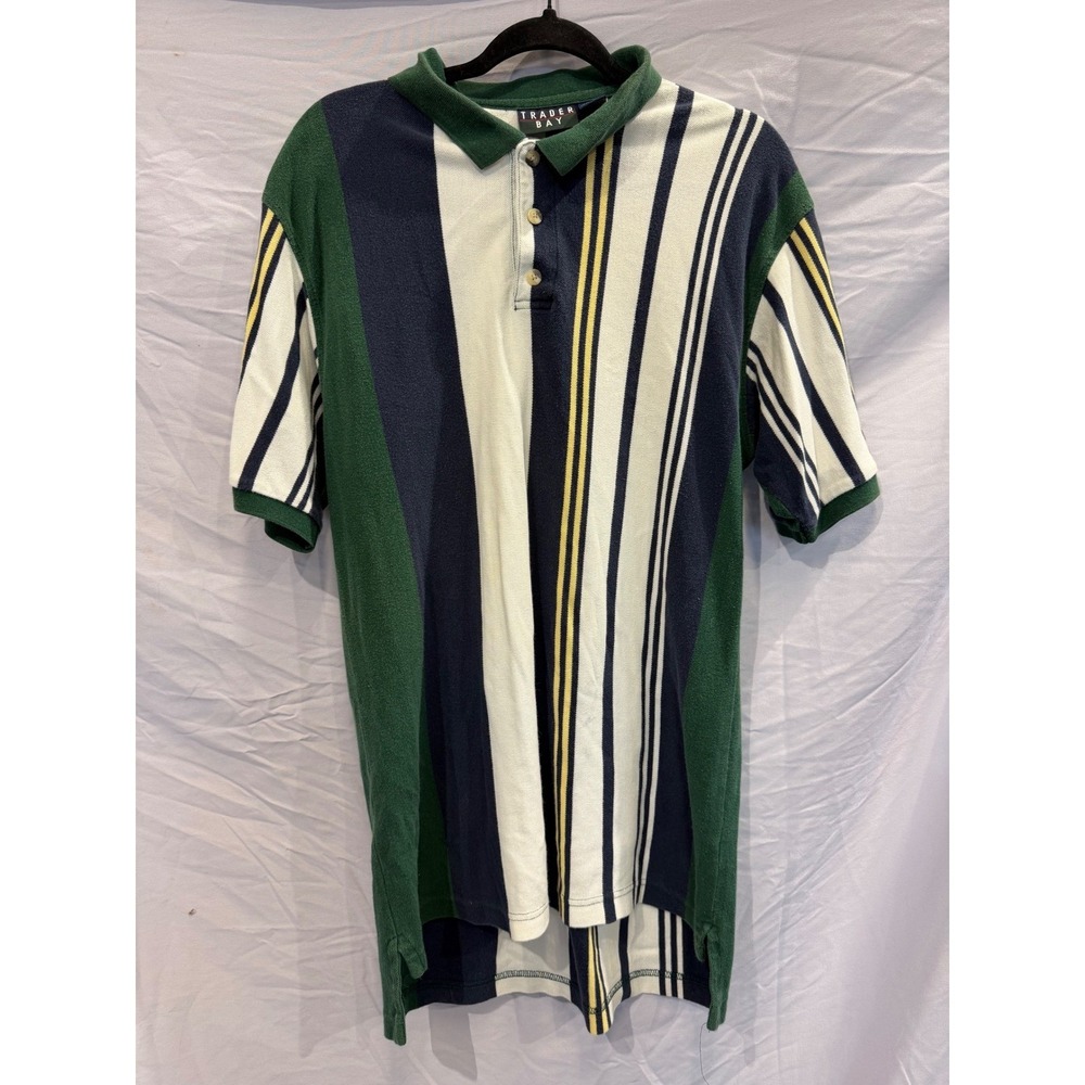 Trader Bay Mens Medium Polo Shirt Green Navy Blue Striped Short Sleeve Cotton